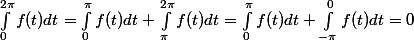 \int_0^{2\pi} f(t) dt = \int_0^\pi f(t)dt + \int_\pi^{2\pi} f(t)dt = \int_0^\pi f(t)dt + \int_{-\pi}^0 f(t)dt = 0